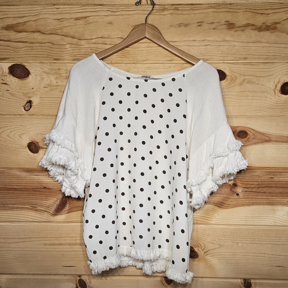 Umgee Womens Cream With Brown Polka Dot Fringe Top Size S